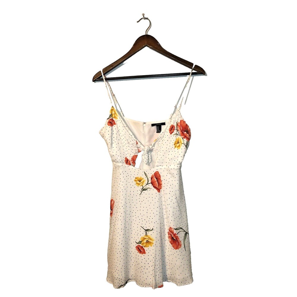 Forever 21 Dress M White Floral Spaghetti Strap Keyhole Front Lined Polka Dots